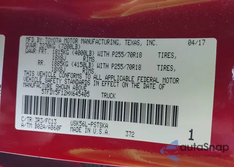 2017 Toyota Tundra Sr5 5.7L V8 z USA, uszkodzony, nr VIN 5TFDY5F12HX645405